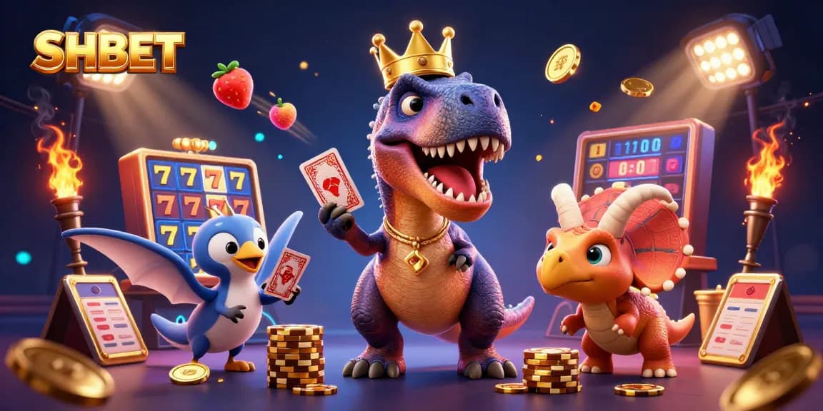 Experience the thrill of SHBET with a playful T-Rex and friends navigating excitement in a vibrant casino scene.