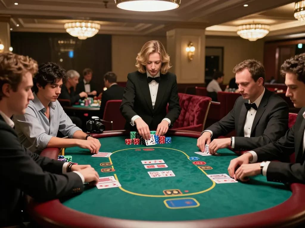 Players analyze kèo nhà cái at a luxurious poker table in an upscale casino atmosphere.