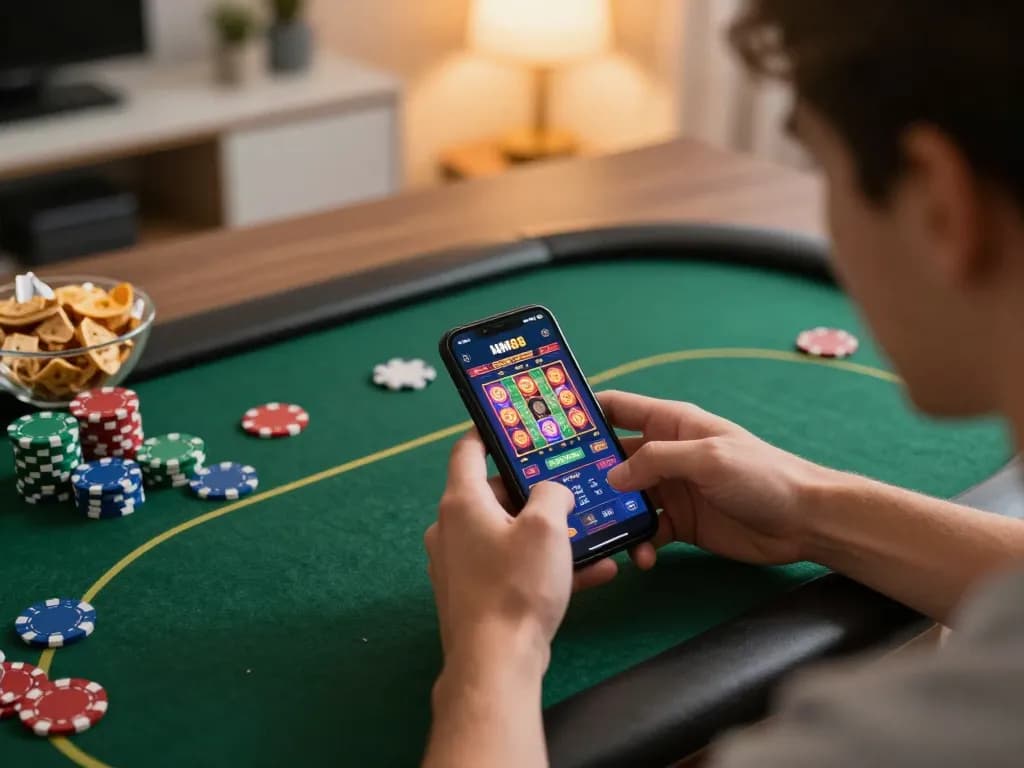 Engaging online casino gameplay with HM88 mobile app on smartphone amidst cozy home setting