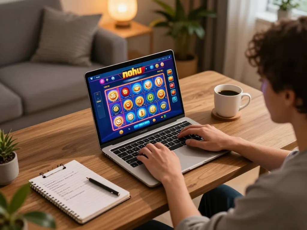 Nohu online gaming experience with vibrant slot interfaces, relaxed player in cozy home.