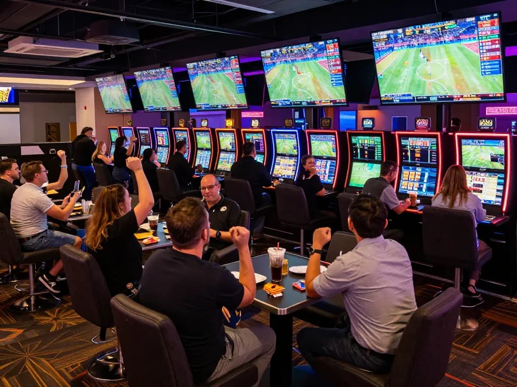 Engaged gamblers analyzing odds and placing bets in a lively sports betting area showcasing 주소모음 links