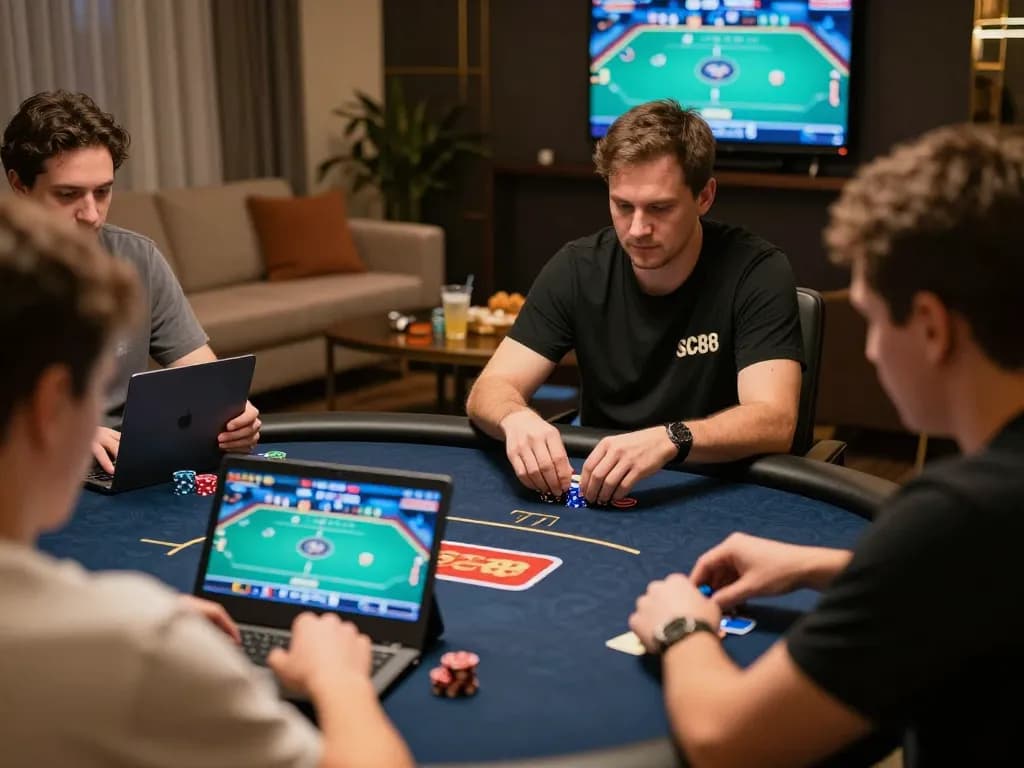 Players strategizing in a SC88 poker game at home, focused on laptops for an engaging experience