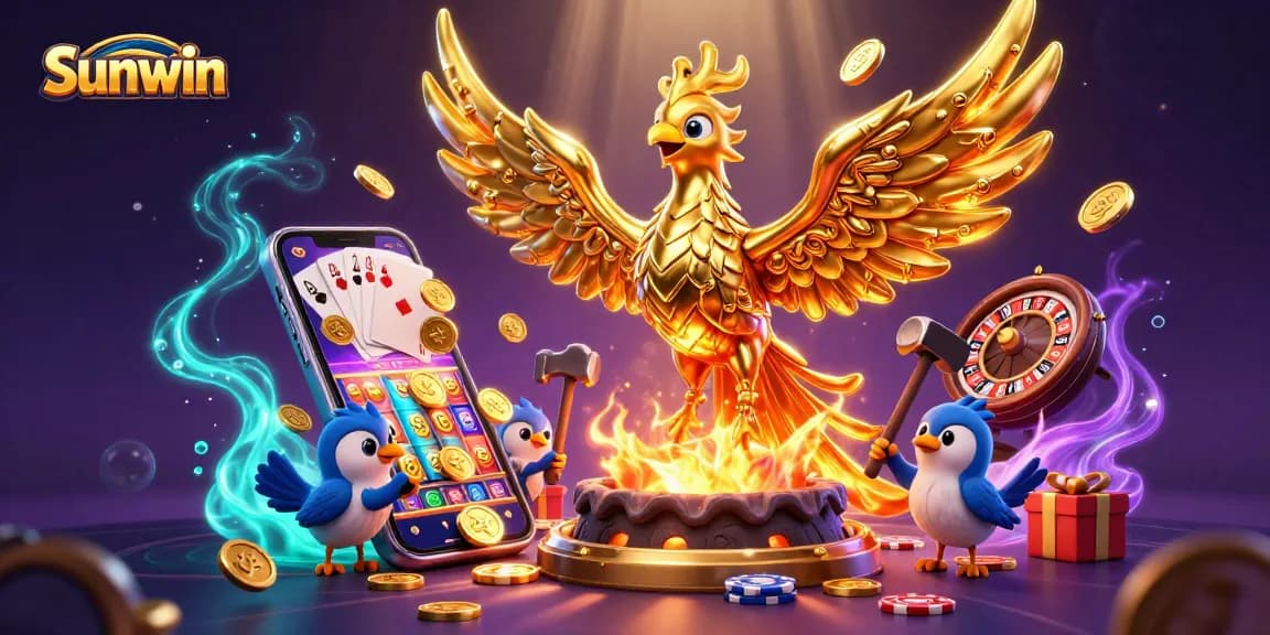 Experience dynamic gaming with Sunwin featuring a golden phoenix and exciting casino elements.