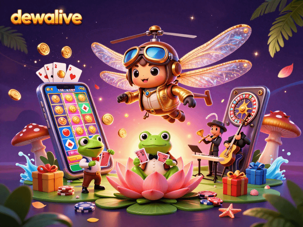 Dewalive mempersembahkan kasino lily pad dengan croupier katak yang beraksi, kartu dan chip poker tersebar.