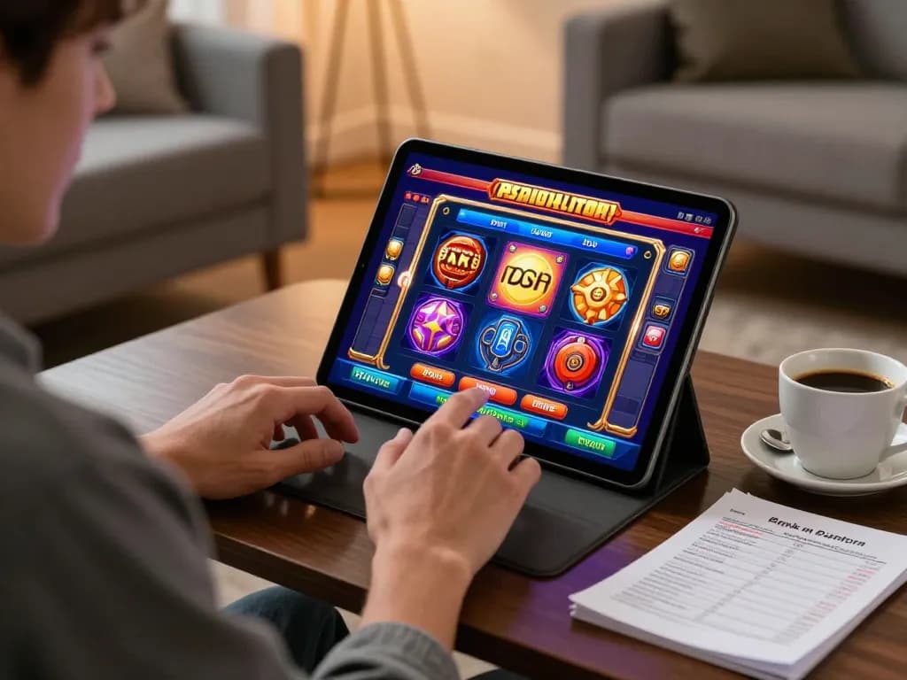 Engaged player enjoying 555win slots on tablet, showcasing strategic bankroll management in a cozy home setting