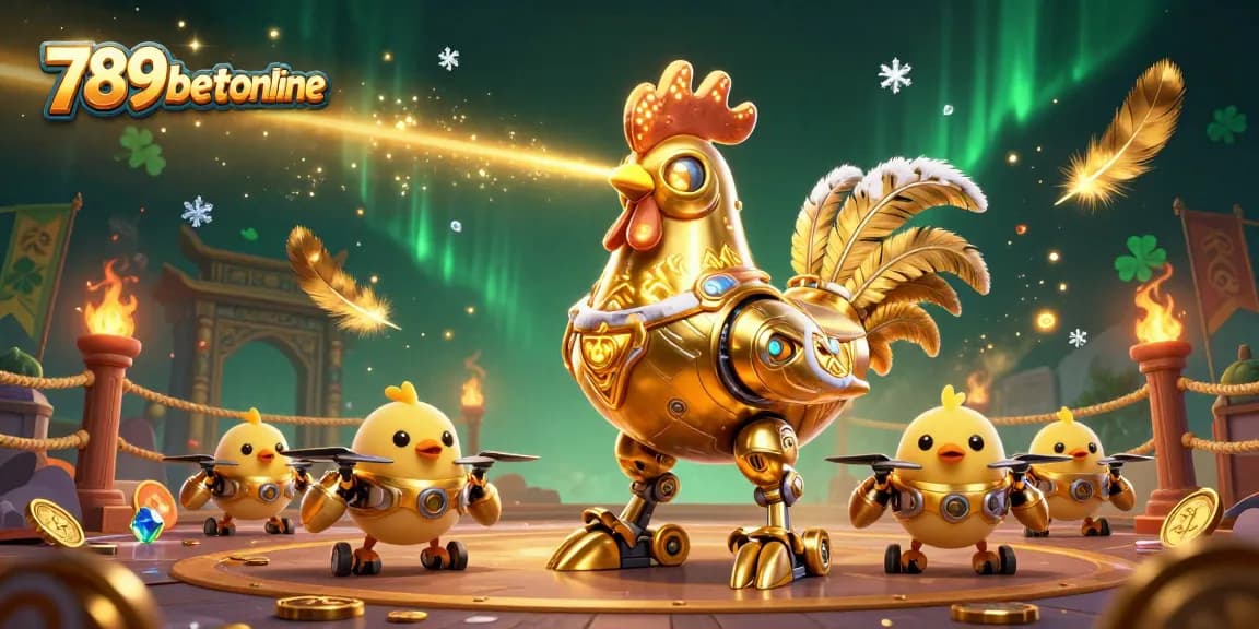 Experience the excitement of 789betonline with a dynamic 3D illustration showcasing casino robot and baby chick drones in action.