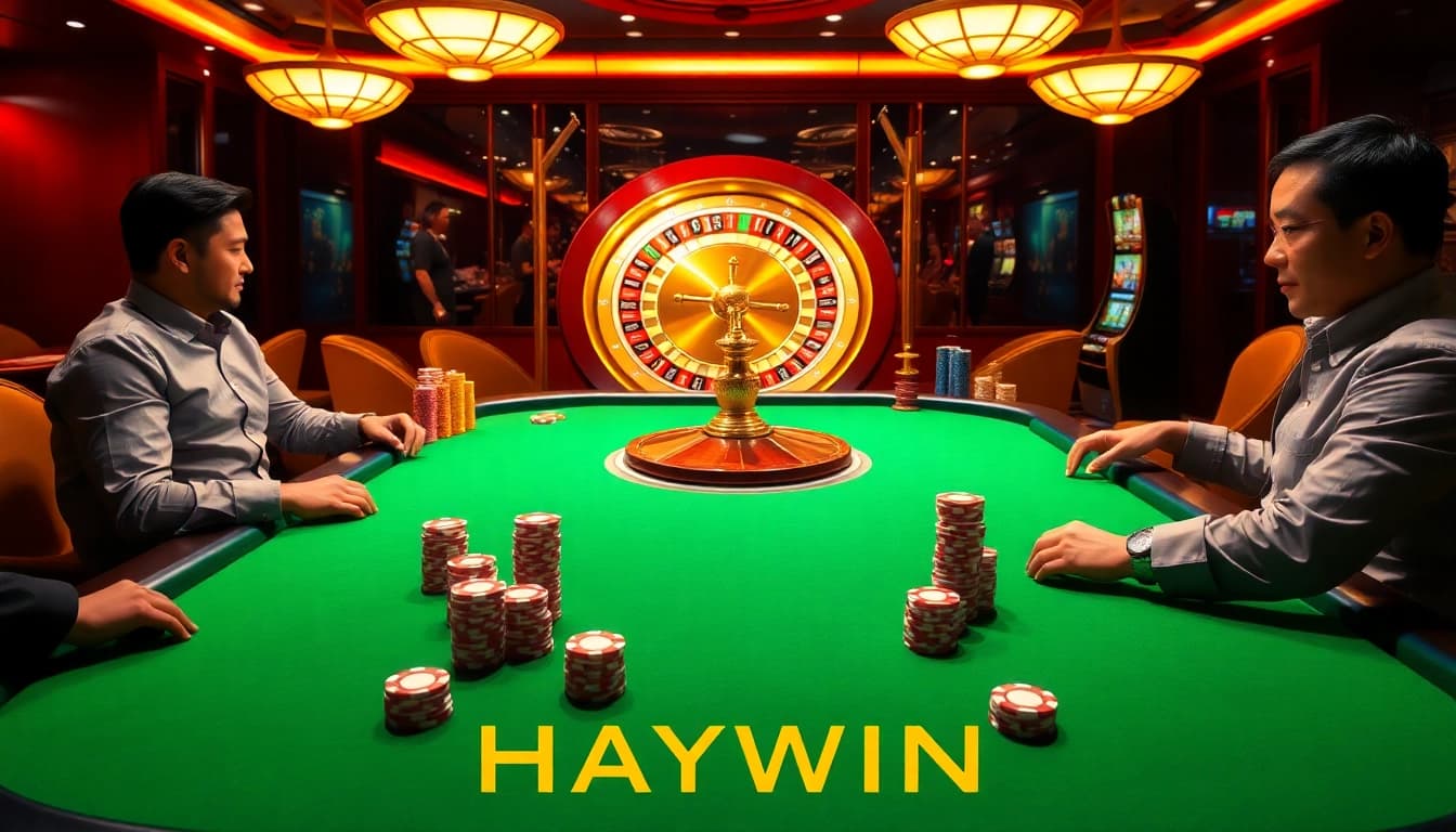 Experience the excitement of HAYWIN at a luxurious casino with vibrant poker tables and slot machines.