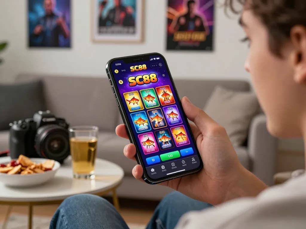 User enjoying the SC88E.com mobile gambling experience in a cozy living room.