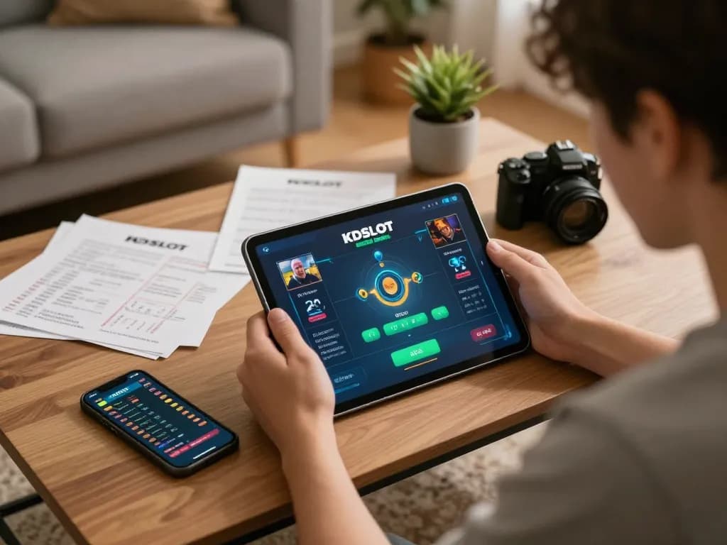 Engage with KDSLOT application on tablet in cozy home, showcasing exciting online gambling session.
