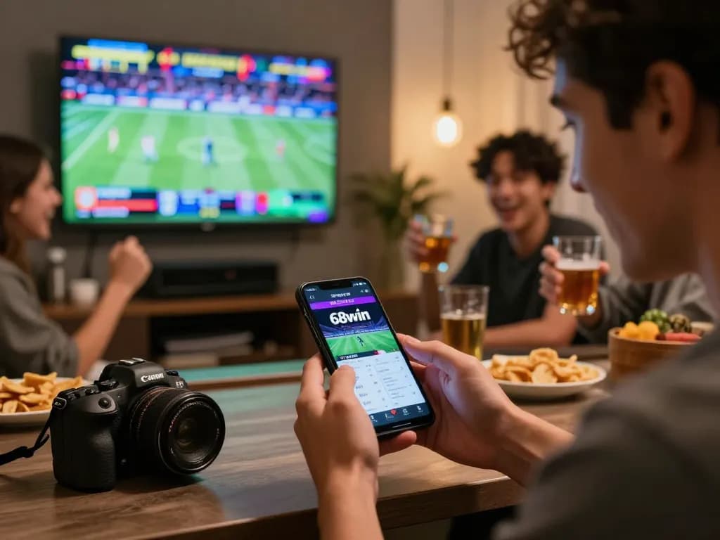 Person placing bets on 68win sports app while friends celebrate in a lively home setting