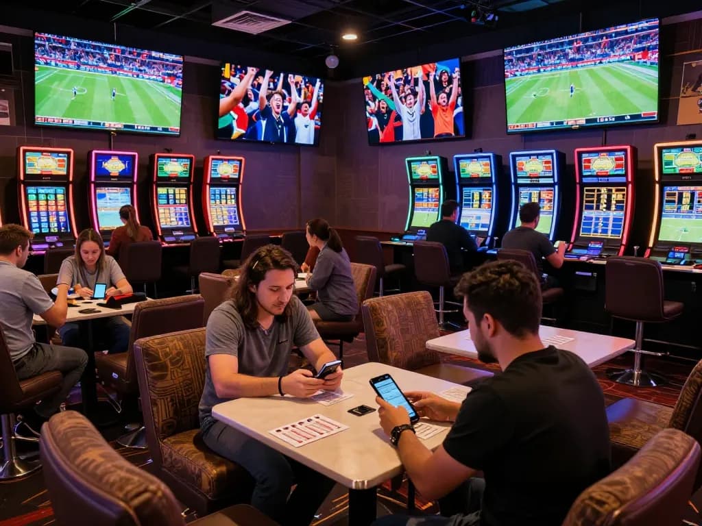 Patrons engaged in kèo nhà cái sports betting with mobile devices and screens showing live events.