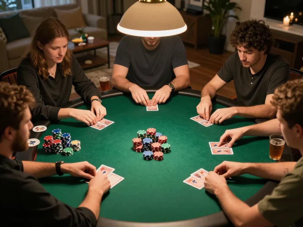 Friends enjoying a poker game illustrating strategy and fun at their home with legendelectricnd branding