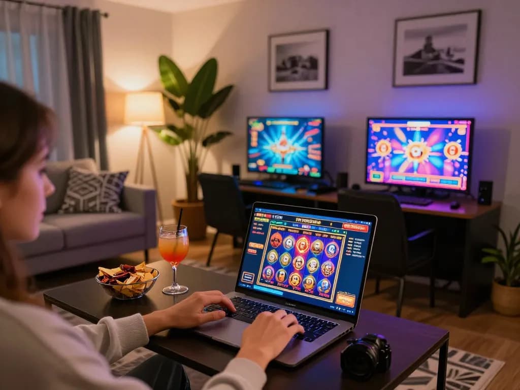 Player enjoying TT88 slot games at home, showcasing lively gameplay on a laptop with engaging visuals