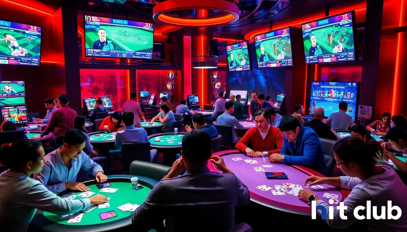 Hitclub engaging gaming lounge with players enjoying card games, vibrant atmosphere.