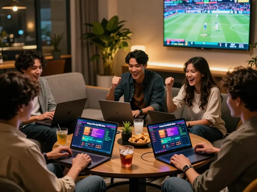 Friends celebrating a win while using https://lucky88.tips/ for online betting in a lively lounge.