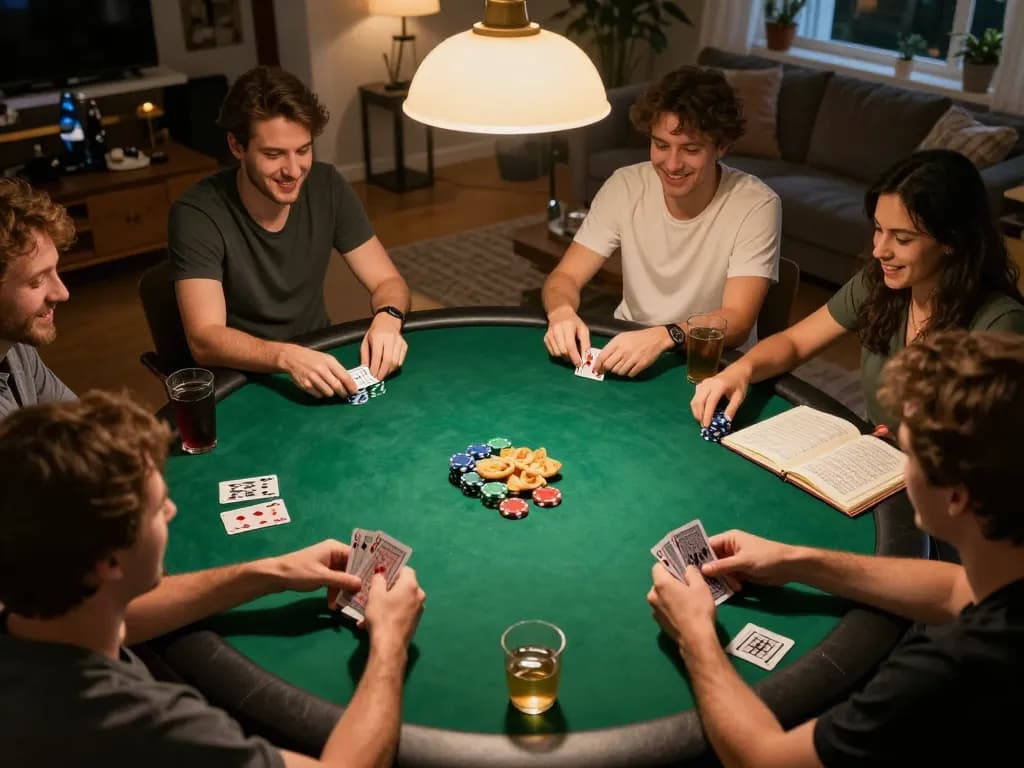 Engaged players at a home poker night, showcasing strategies and fun with dash88 gaming.
