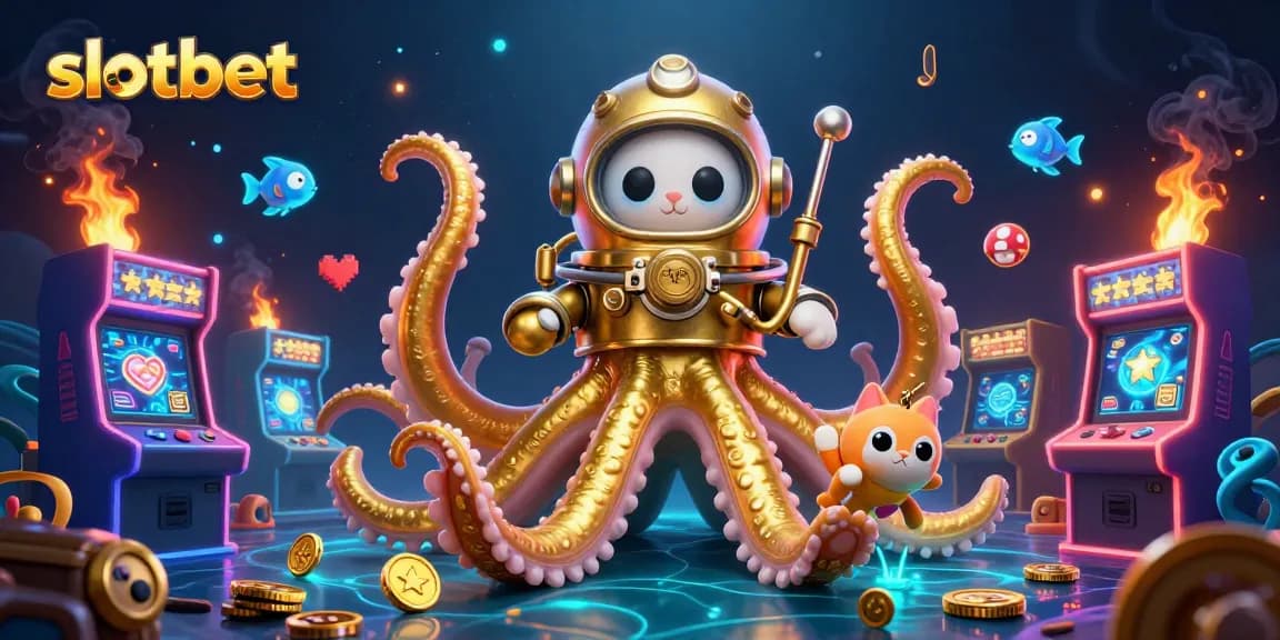 Engage with slotbet in a vibrant 3D scene featuring a kraken, diving cat, and arcade games.