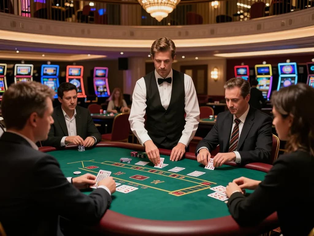 Experience tg88 blackjack strategies with players engaged in a live game at an upscale casino.