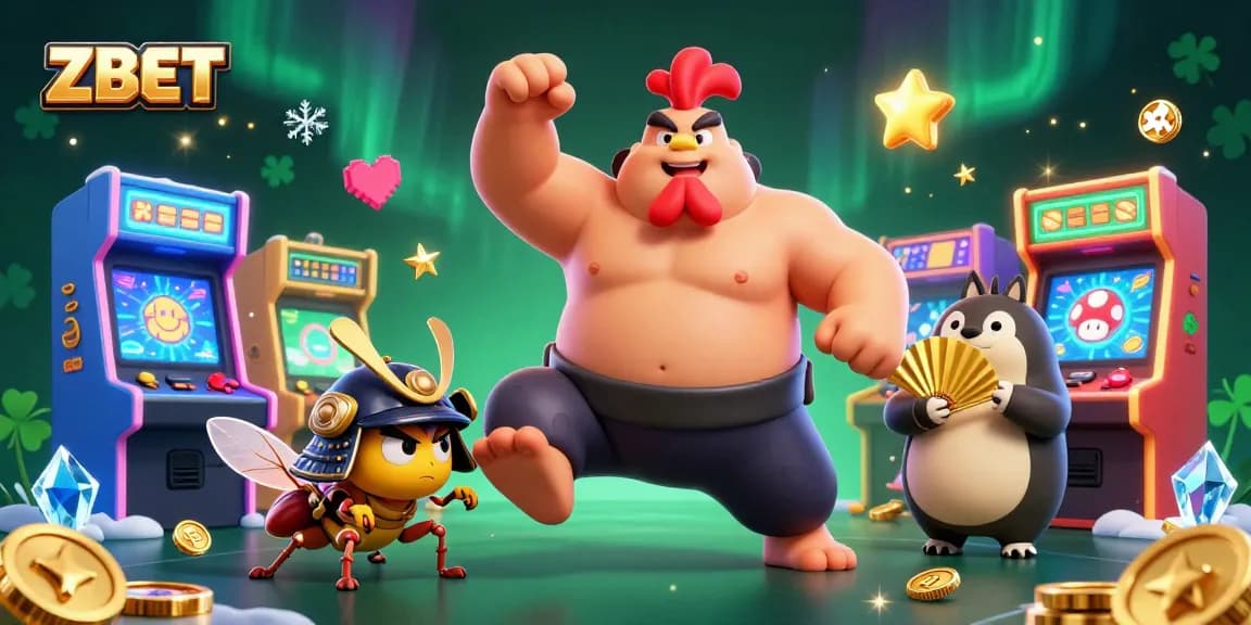 ZBET showcases an epic gaming battle with characters in a vibrant casino scene filled with game elements.