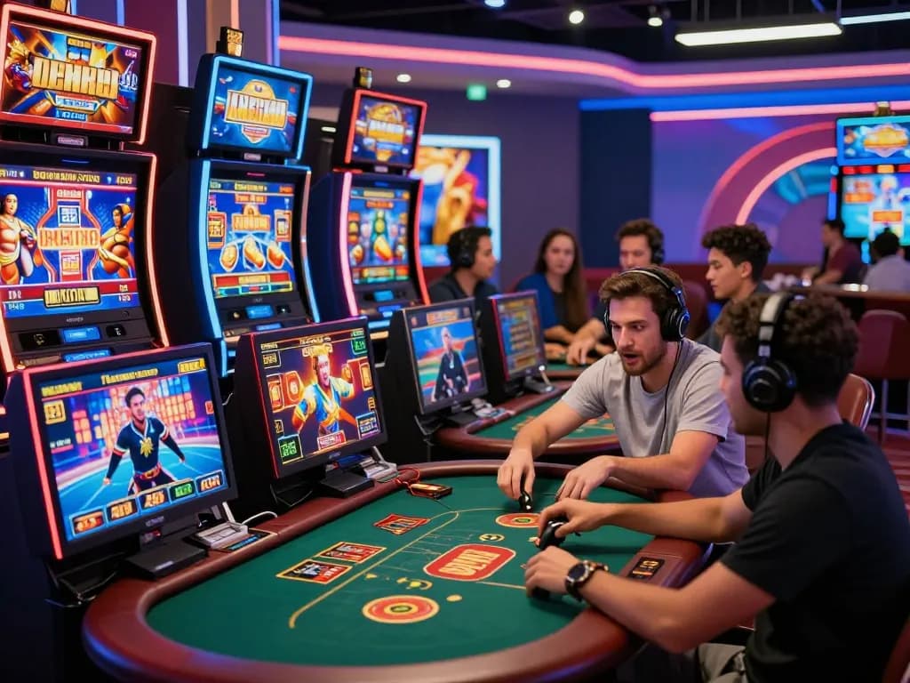 Exciting gaming scene at https://qnk88.com/ with diverse players enjoying online casino games, showcasing modern virtual casino atmosphere.