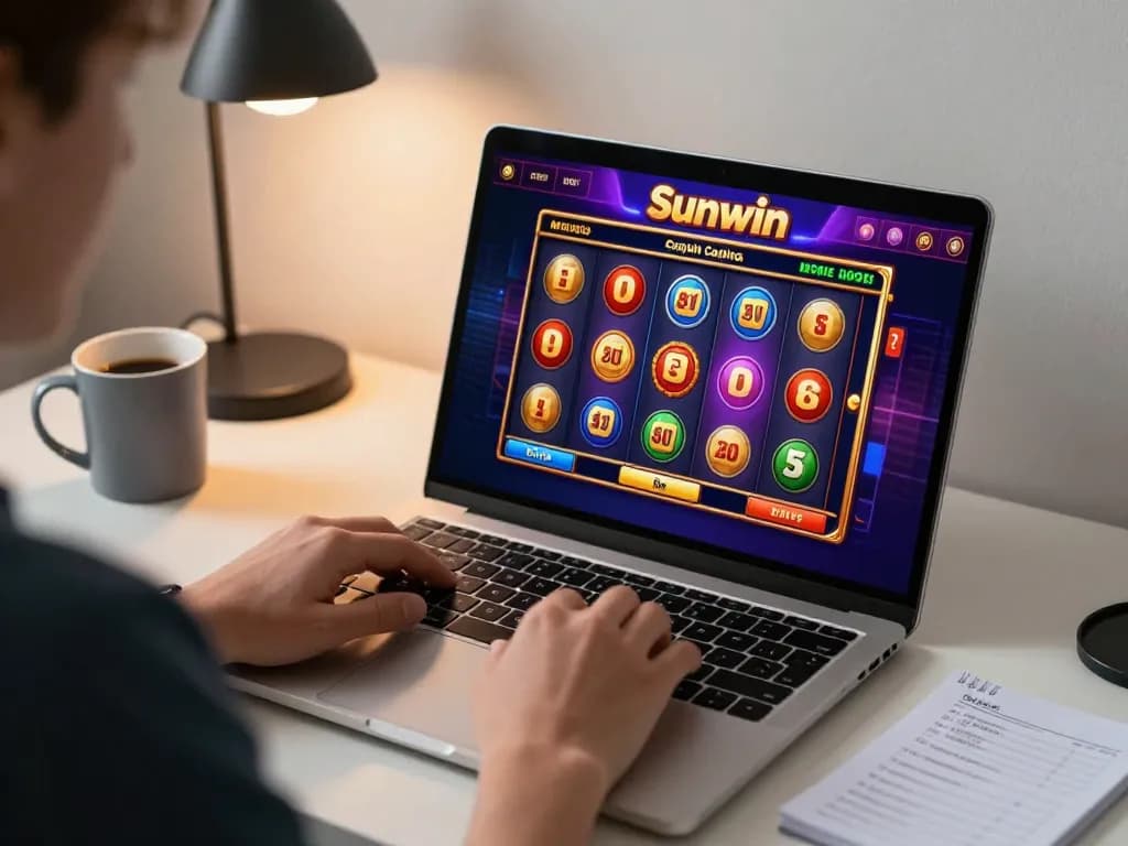 Engaging in Sunwin online gaming on a laptop with vibrant slot game interface, showcasing responsible gambling.