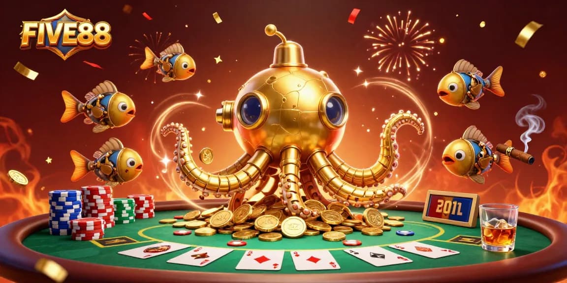 Experience thrilling poker action with the FIVE88 kraken submarine in a vibrant casino scene.