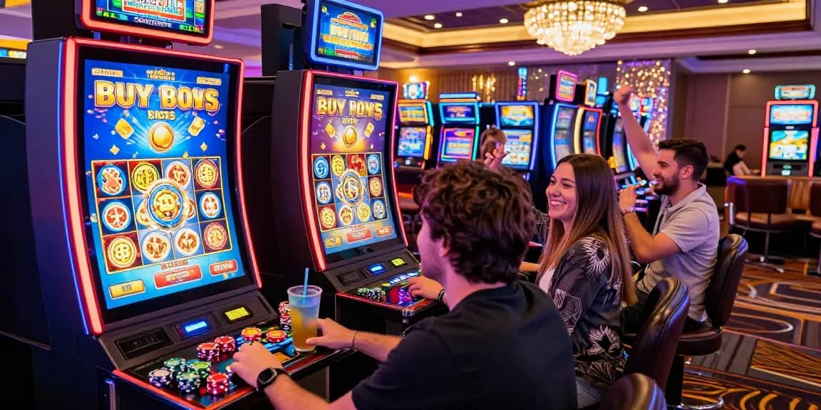 Exciting moment at a casino featuring players engaging with bonus buy slots and vibrant slot machines.