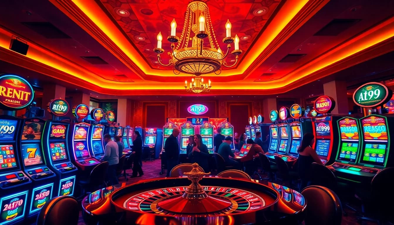 Players enjoying vibrant slot machines at AT99娛樂城, encapsulating excitement and diversity.