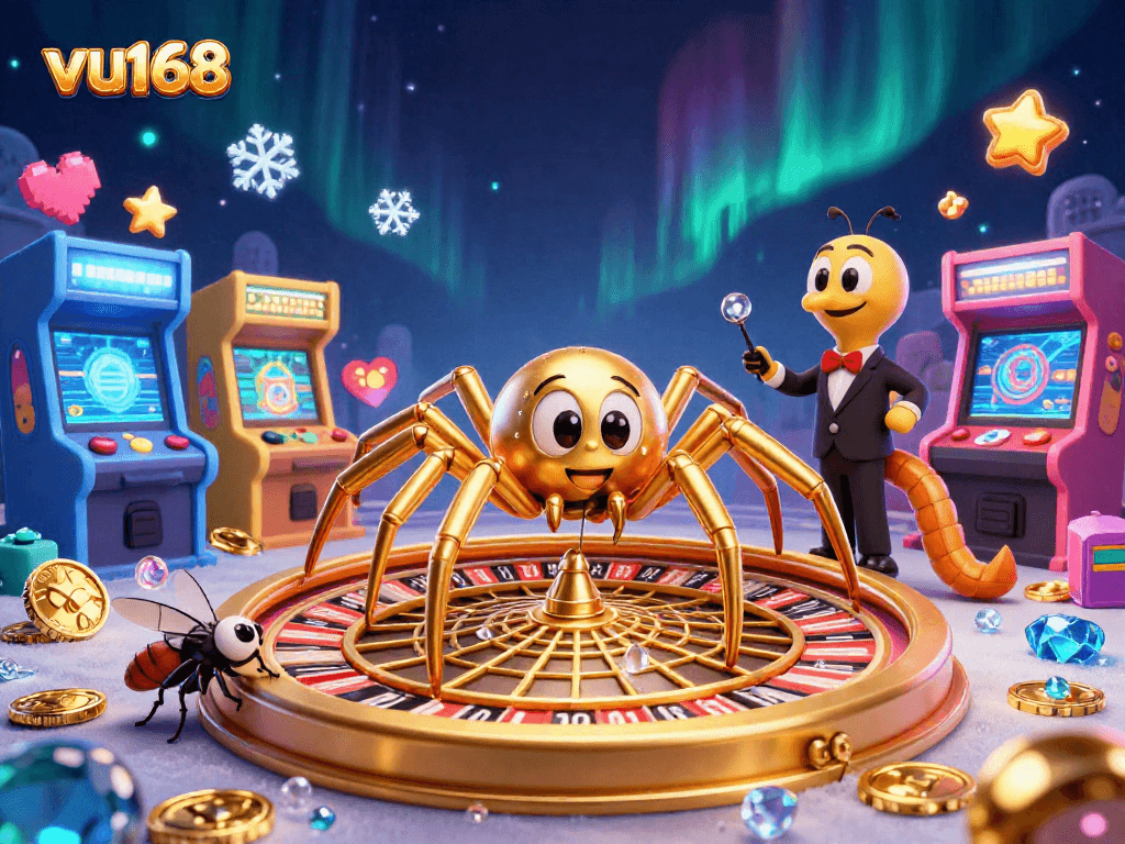 vu168 spins the roulette as a fly nervously bets, bringing casino excitement to life.