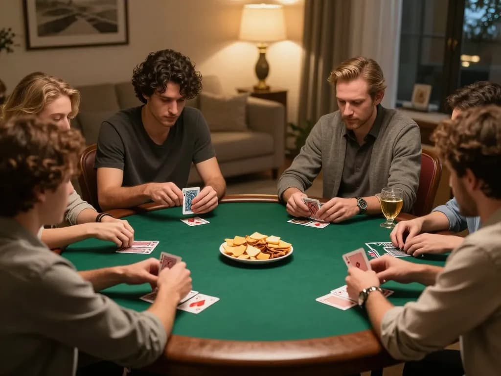 bästa casino utan svensk licens - Friends focus on strategic poker gameplay around a round table with snacks and drinks.