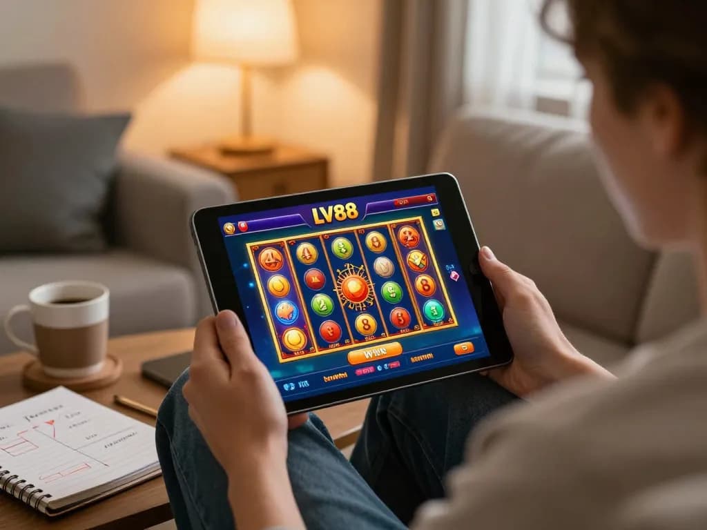 Player engaging with LV88 on a tablet, displaying vibrant slots and strategic notes in cozy setting.
