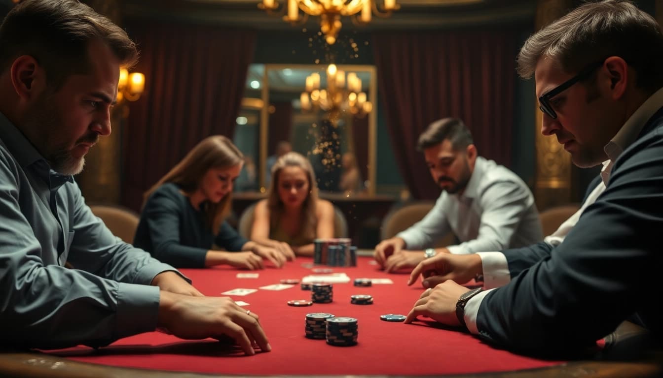 Players at a poker table experiencing the thrill of Diwa 777 in a luxurious casino atmosphere.