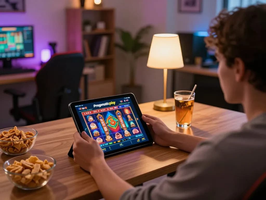 Engaging gameplay on Pragmaticplay slots showcased on a tablet in a cozy home setting.
