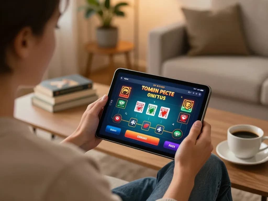 Engaging player uses rikvip casino app on tablet, strategic gaming setup at home.