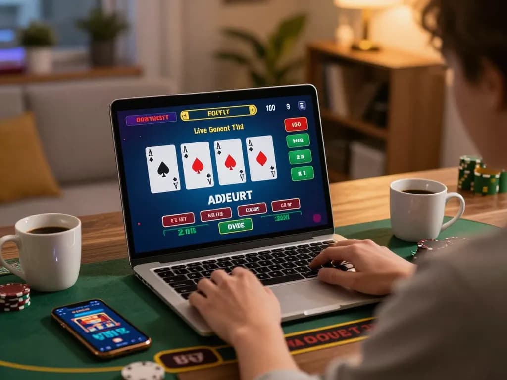 Experience fabet online blackjack gameplay in a cozy home gaming setup with ambient lighting.