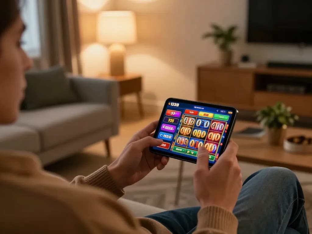 Player spinning slots on 123B mobile app in a cozy living room