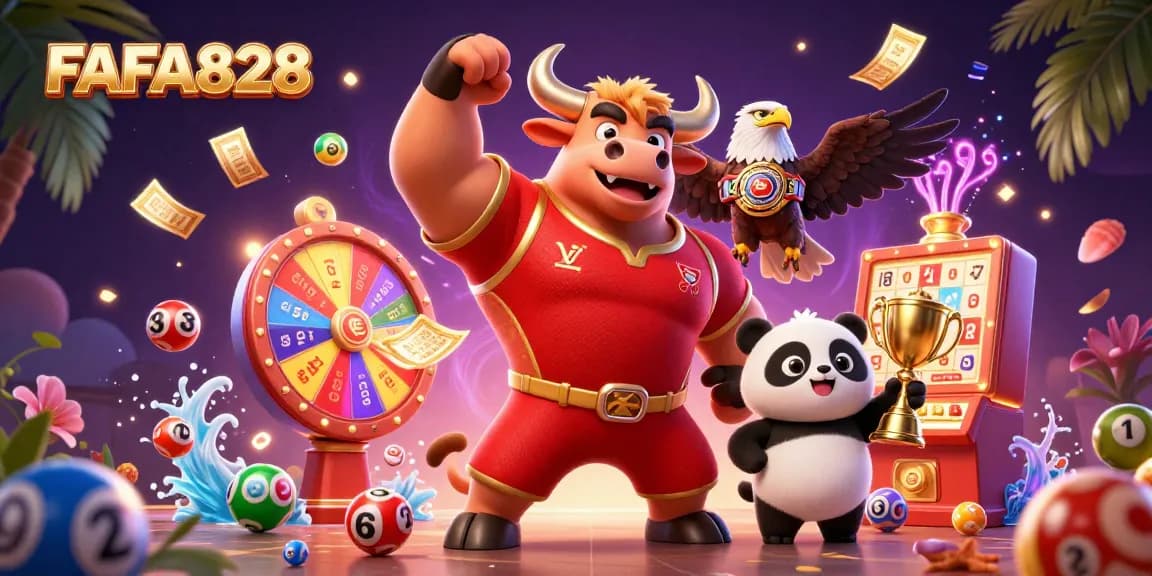 Engage with FAFA828's vibrant casino scene featuring an energetic bull mascot, an eagle, and a panda amidst colorful gaming elements.