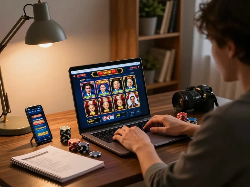 Person enjoying online slots with antoinelarocque app, relaxing home setup