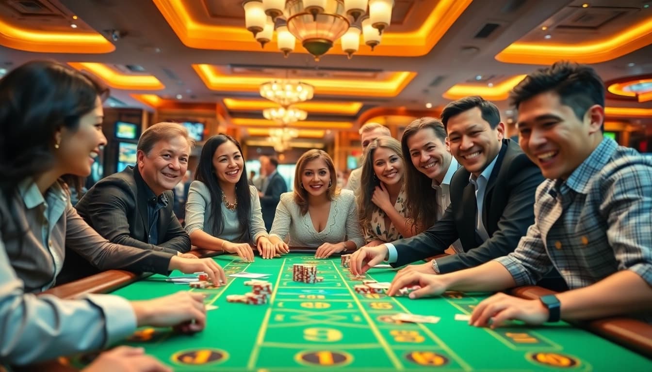 Faszinierende Spieler am Tisch beim casino spielen in einem lebhaften Casino-Ambiente.