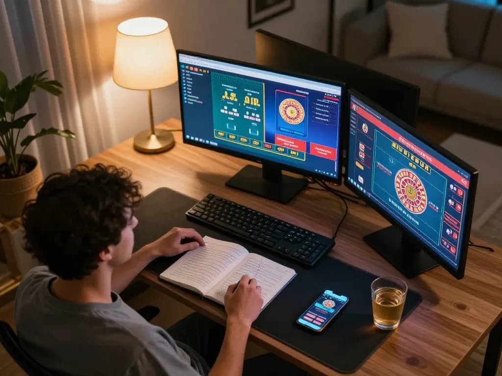 Xocdiaclub players engaging in online casino games at home with strategic notes.