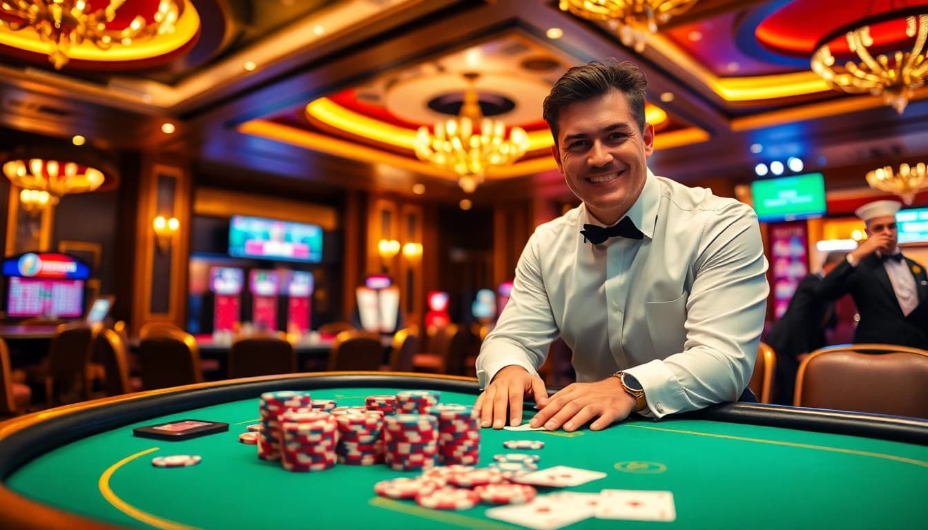 Experience the excitement of 18vip娱乐 poker with vibrant chips and a professional dealer in a luxurious casino.