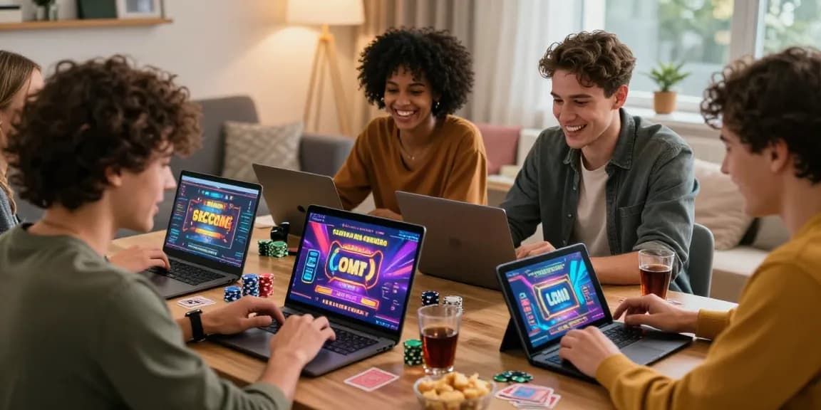 Friends enjoying gaming together at new online casinos UK around a modern table with snacks and gaming graphics displayed.