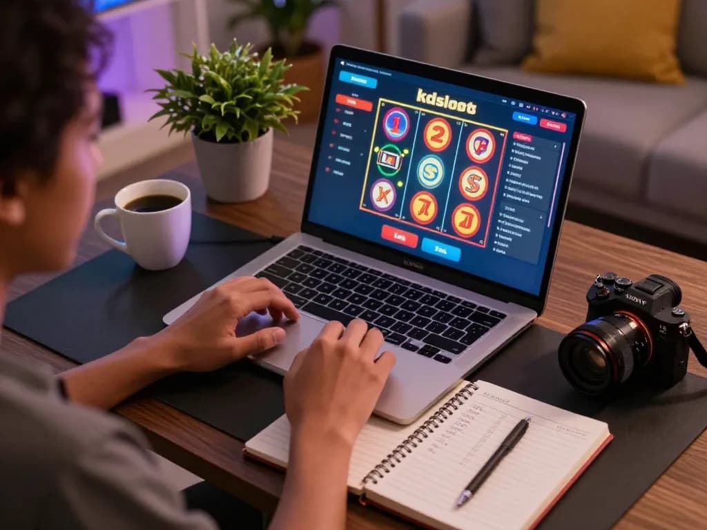 Player engaged in kdslots online gaming, viewing colorful slot reels on laptop with strategy notes nearby