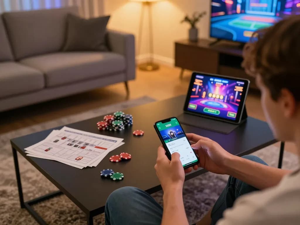 Player enjoying SC88 app for online gaming in a cozy living room setup with smartphone and tablet