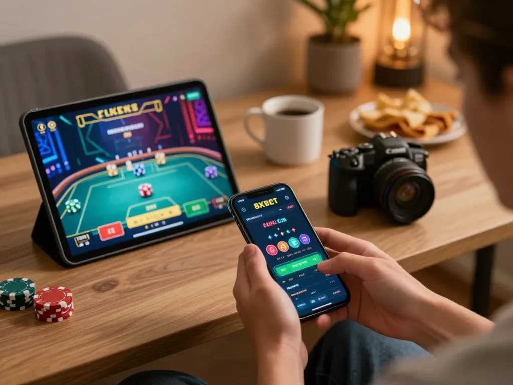 Player exploring betting options on 8xbet app while engaging in live casino games at home, cozy gaming environment