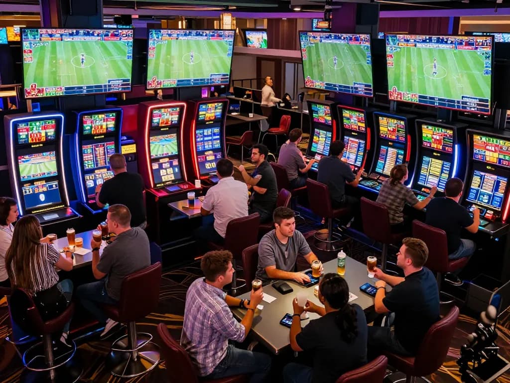 Sports betting lounge showing bettors analyzing odds and games, highlighting ty le keo nha cai activity.
