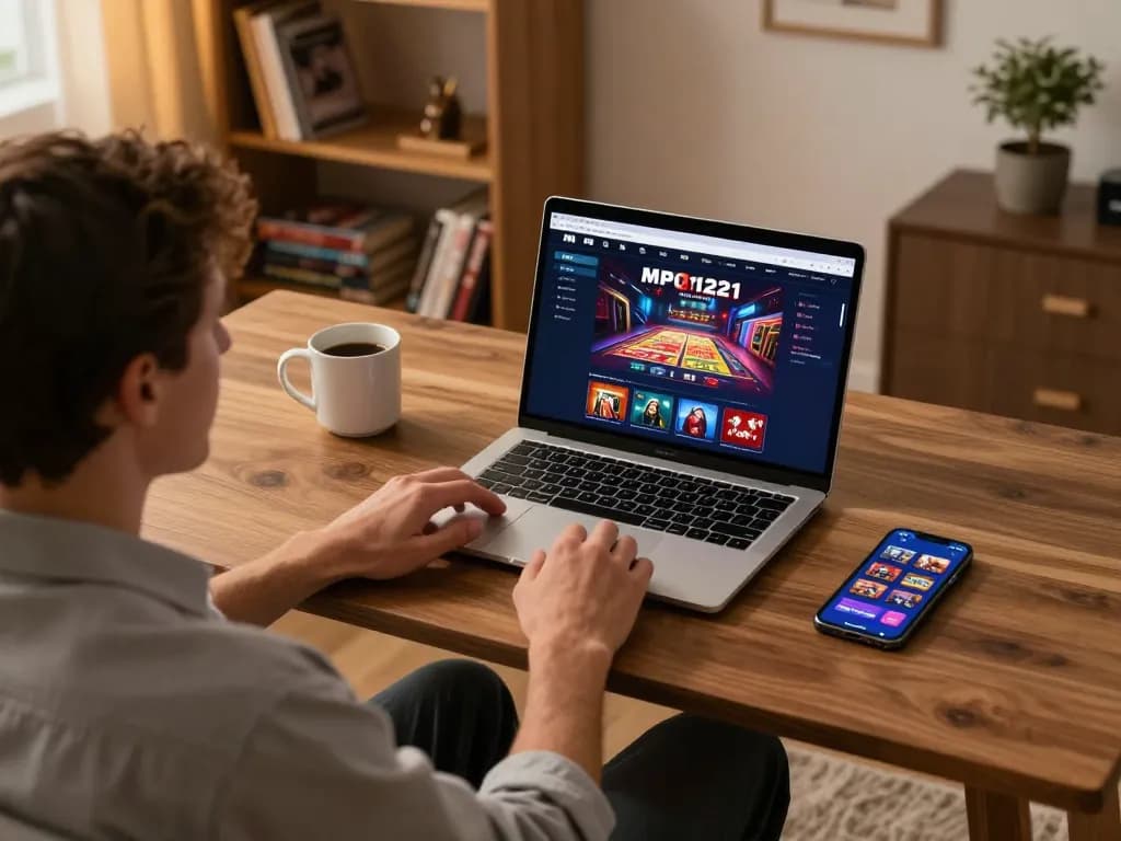 MPO1221 adegan permainan dengan seorang pemain yang terlibat dalam permainan kasino online di laptop.