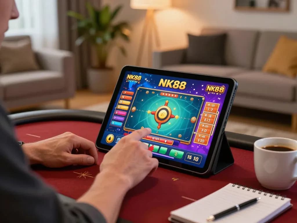 Player enjoying the NK88 game on a tablet in a cozy home setting while managing betting strategies