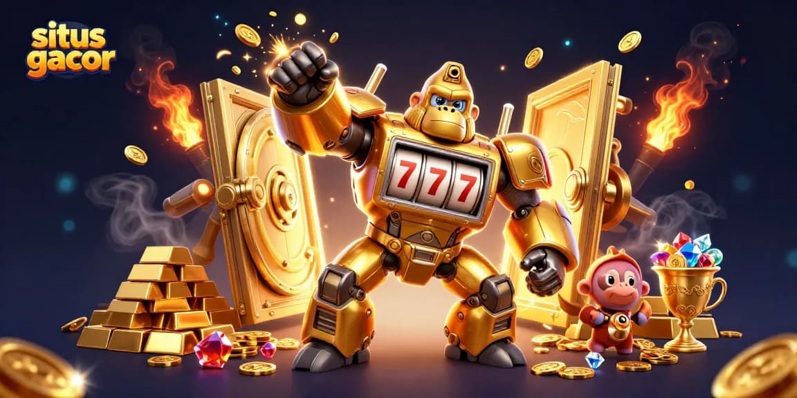 Situs gacor unlocks treasure with a golden gorilla mech, showcasing exciting slots and jackpots.