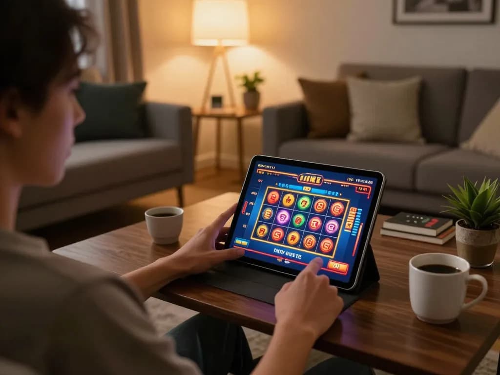Engaging scene of a cozy home gaming setup featuring online casino action with beste casino uden rofus.